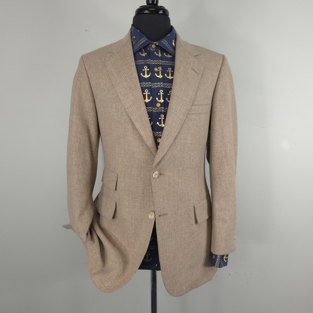 Vintage Tweed Blazer Mens 40 Beige Herringbone Wool Sport Coat Jacket 80s 90s